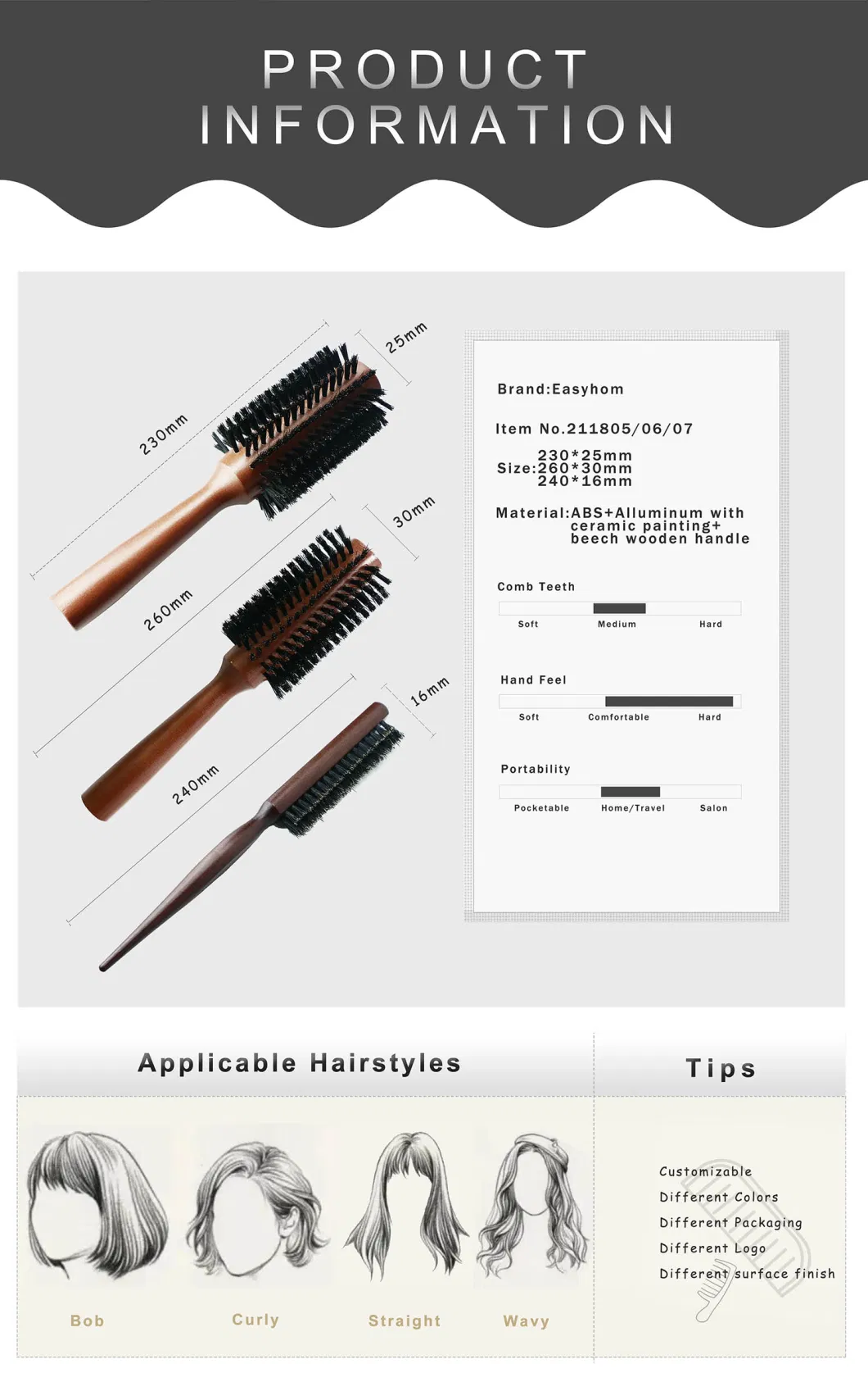 Professional Salon Wooden Round Small Size Rolling with Boar Bristle Straightener Hair Brush